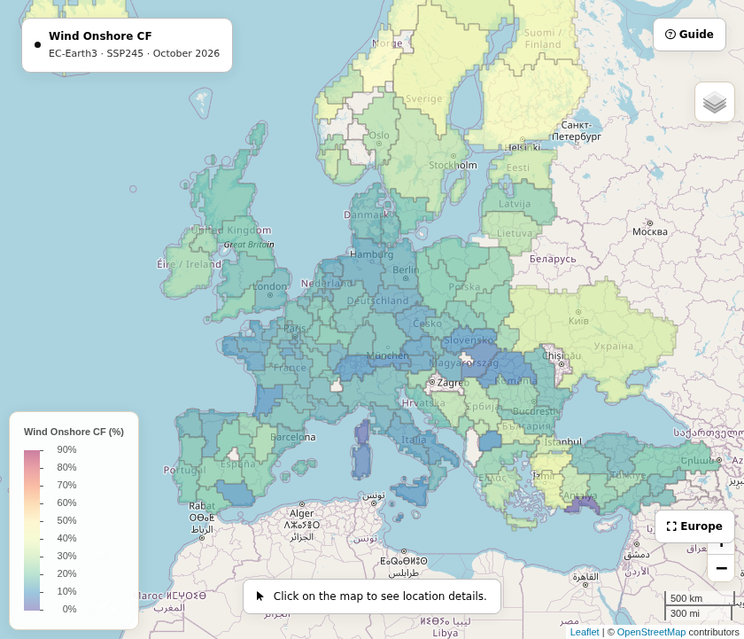 Climate Forecastory map showing regional onshore wind capacity factors across Europe under SSP2-4.5